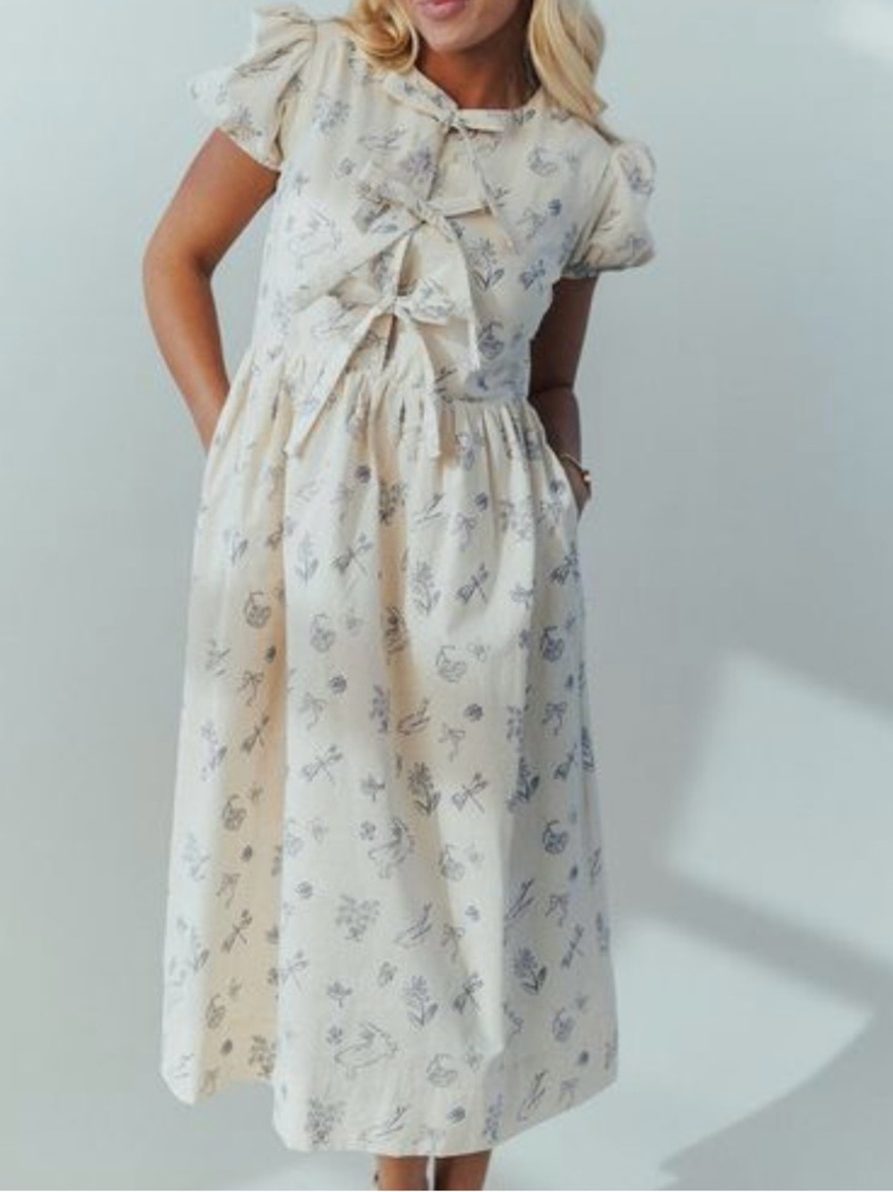 Beautiful Light Cream Floral Midi Dress with Front Tie Detail
